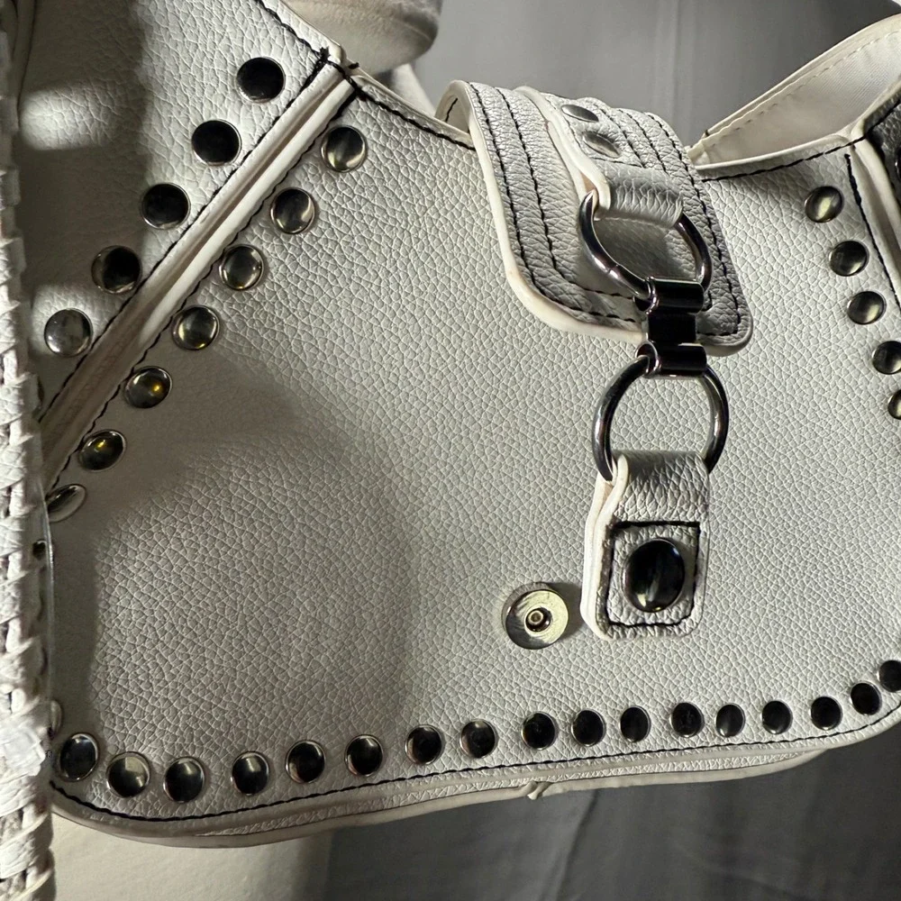 White Studded Shoulder Bag‎ Silver Studs Adjustable Strap Grunge purse
